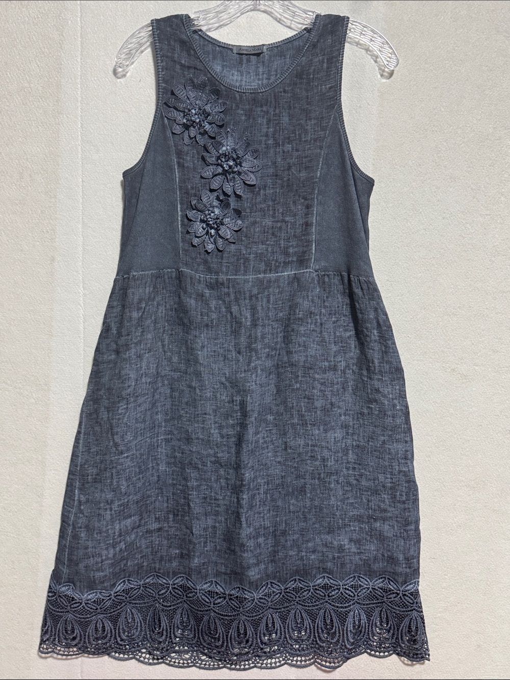 Angela Mara Sleeveless Slate Floral-Appliqué Linen Dress - Picture 1 of 6